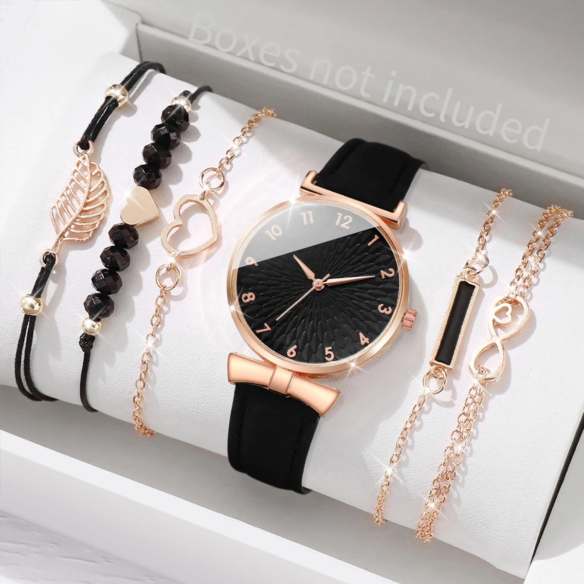 6pcs/set Women Watches Heart Leaf Bracelets Set Fashion Leather Band