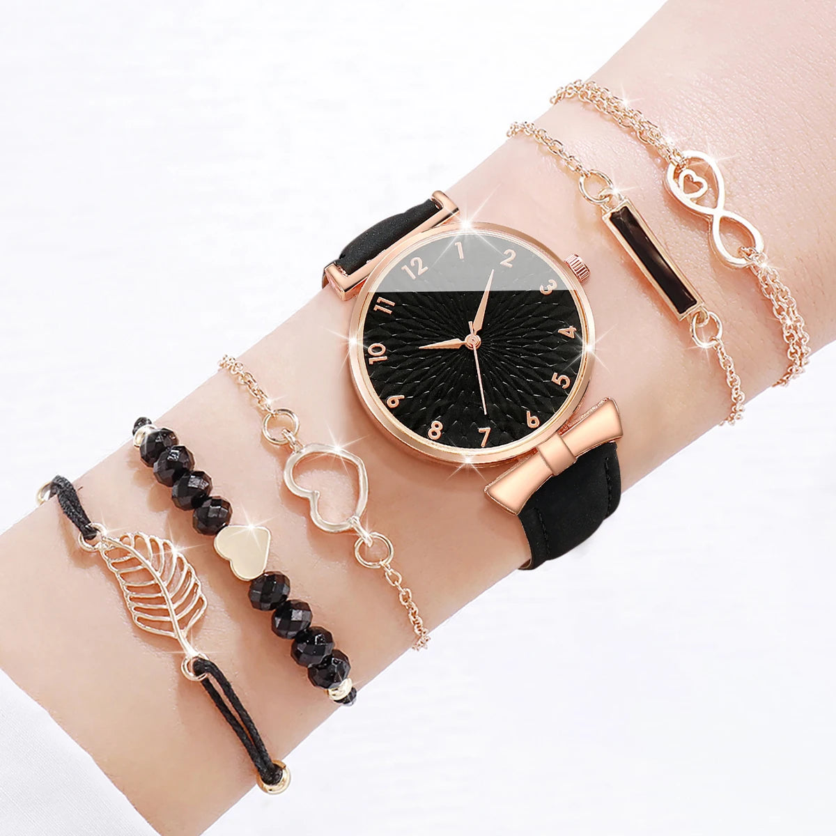 6pcs/set Women Watches Heart Leaf Bracelets Set Fashion Leather Band