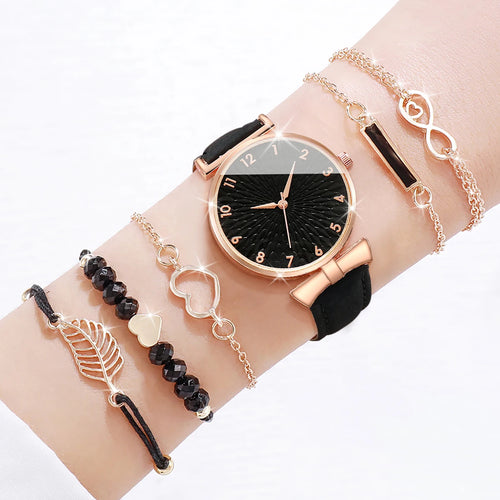 6pcs/set Women Watches Heart Leaf Bracelets Set Fashion Leather Band