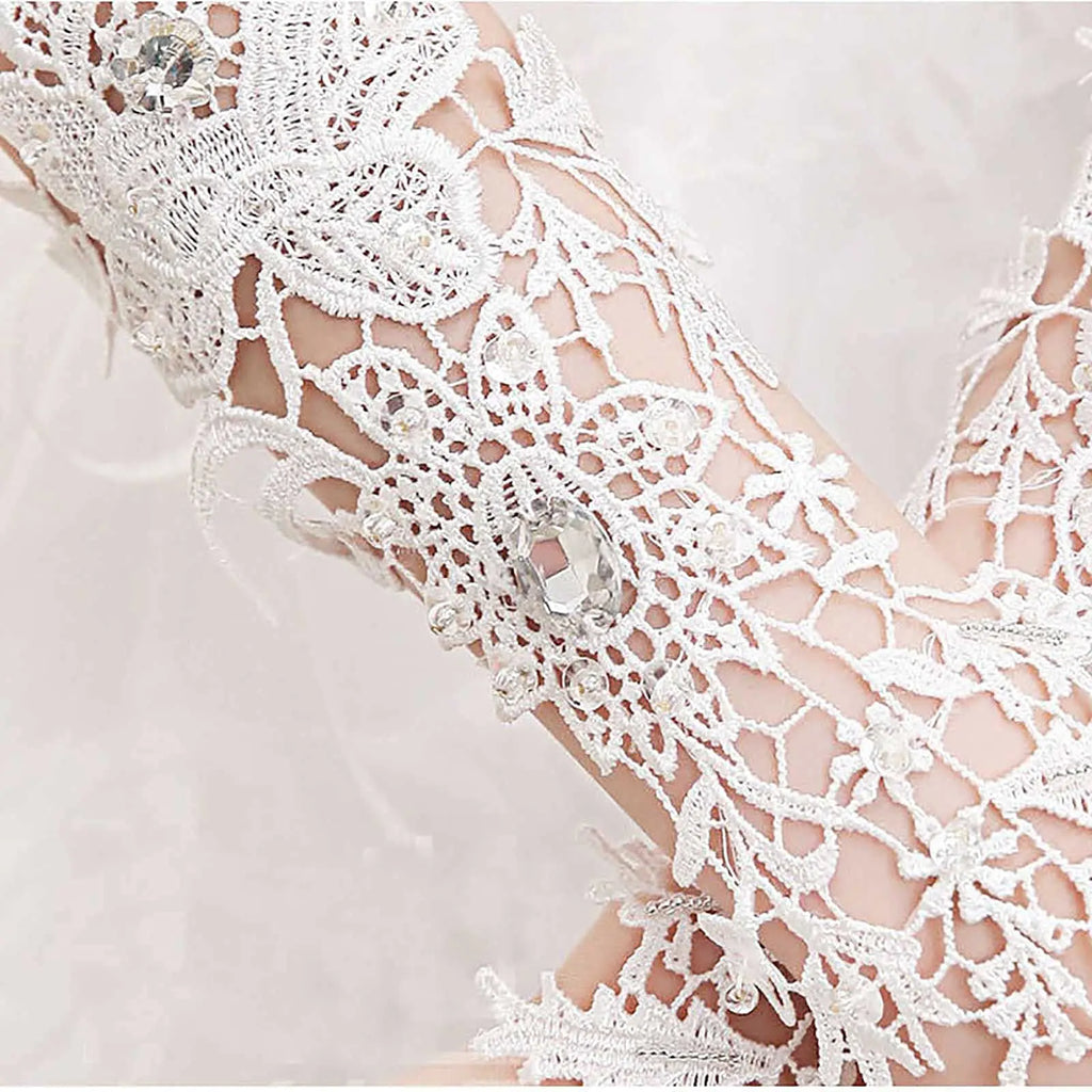 Lace Crystal Women’s Wedding Gloves Fingerless Elbow Bridal Floral
