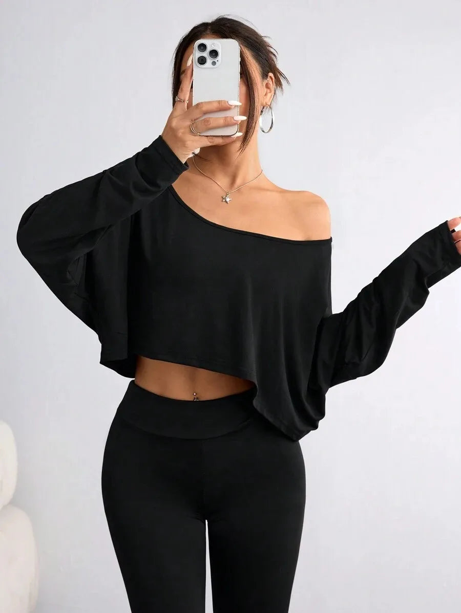 Women'S Black Long Sleeve Blouse T-shirt Casual Asymmetrical Neck