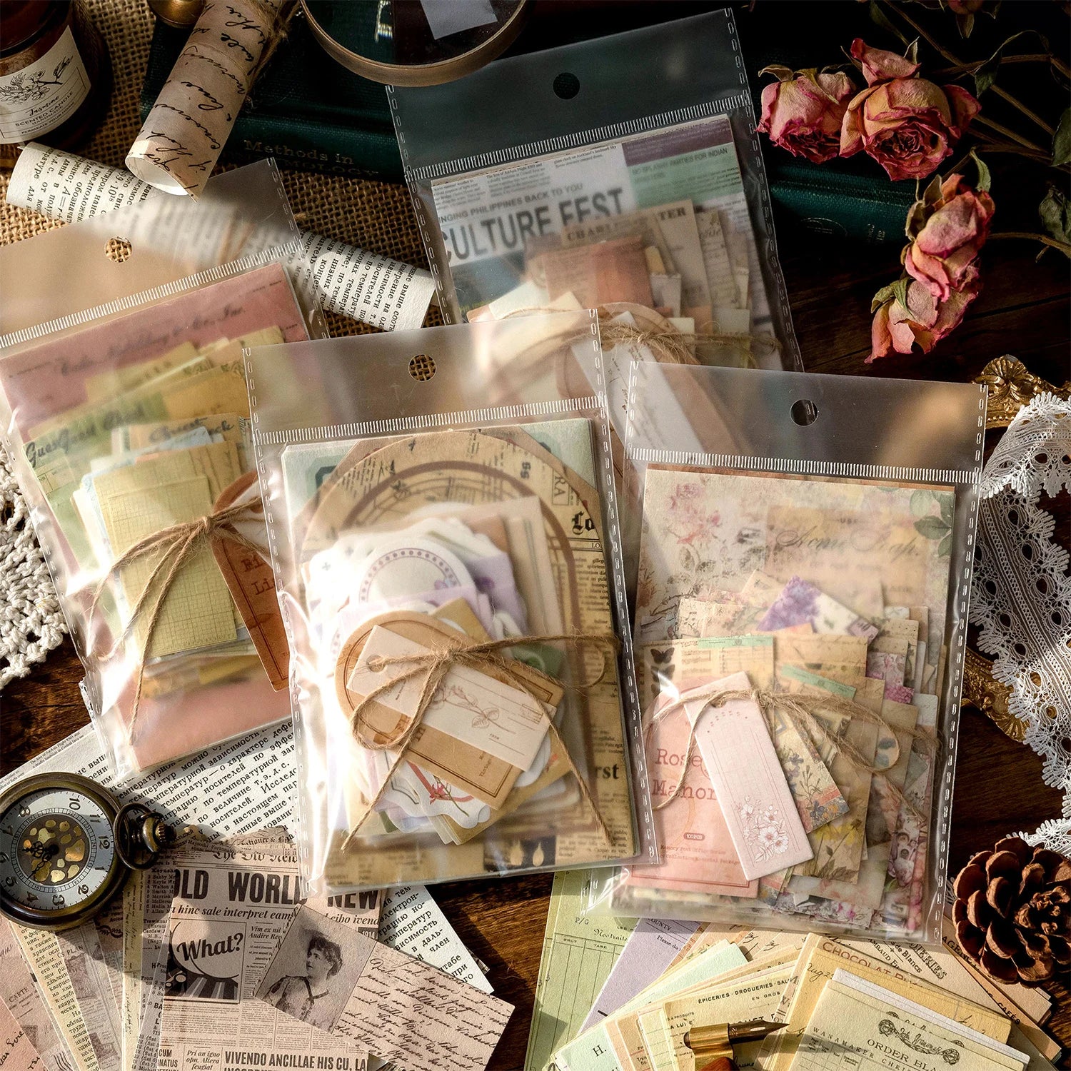 JIANQI 100pcs/pack Decor Scrapbook Vintage Materials Paper Combo Kit