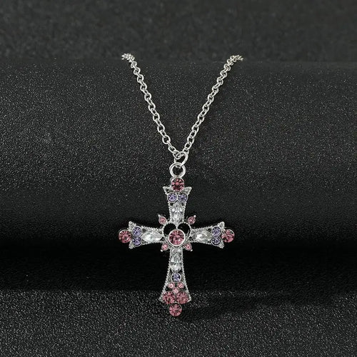 Y2K Punk Crystal Big Cross Pendant Necklaces for Women Men Gothic