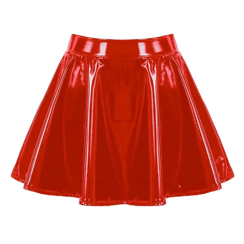 Women Glossy Patent Leather Flared Miniskirt Dance A Line Skirt