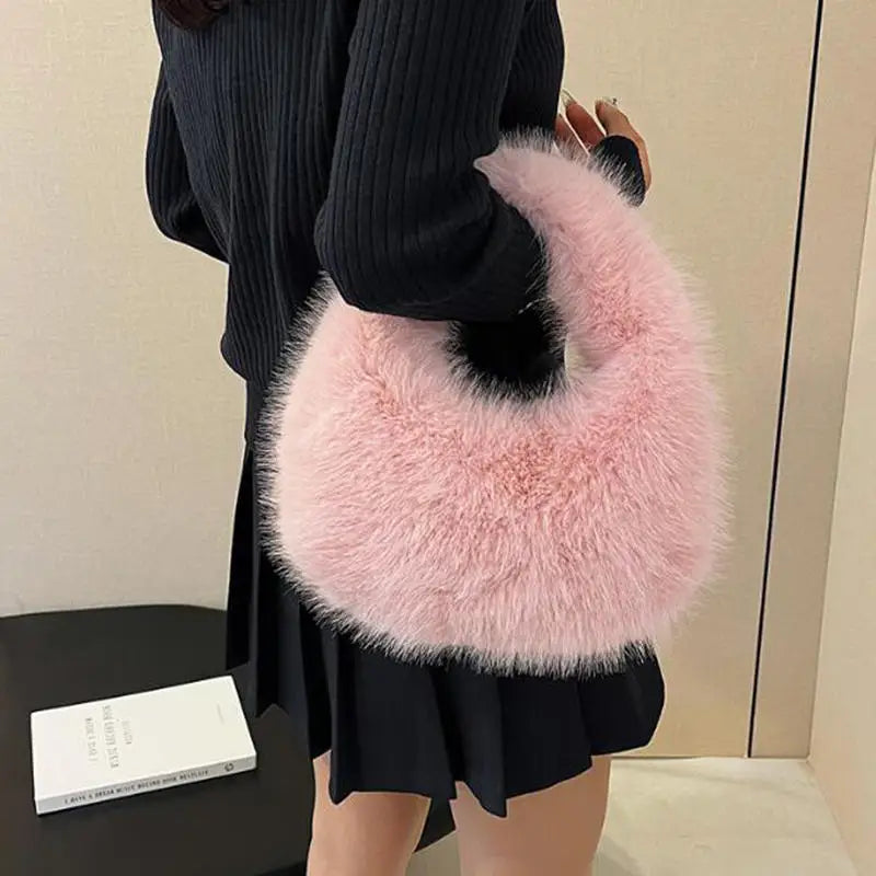 Fashion Handbags Soft Plush Half Moon Bags for Women Designer Fluffy