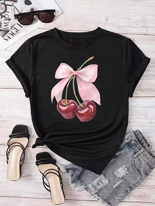 Fashion Cherry Print Women T-Shirt Short Sleeve Crew Neck Casual Tops