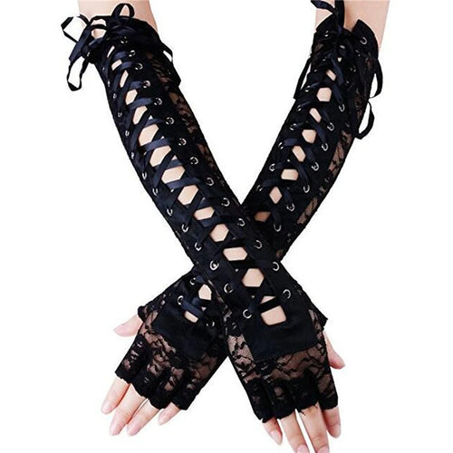 Women Sexy Floral Lace Elbow Length Half-Finger Gloves Black String