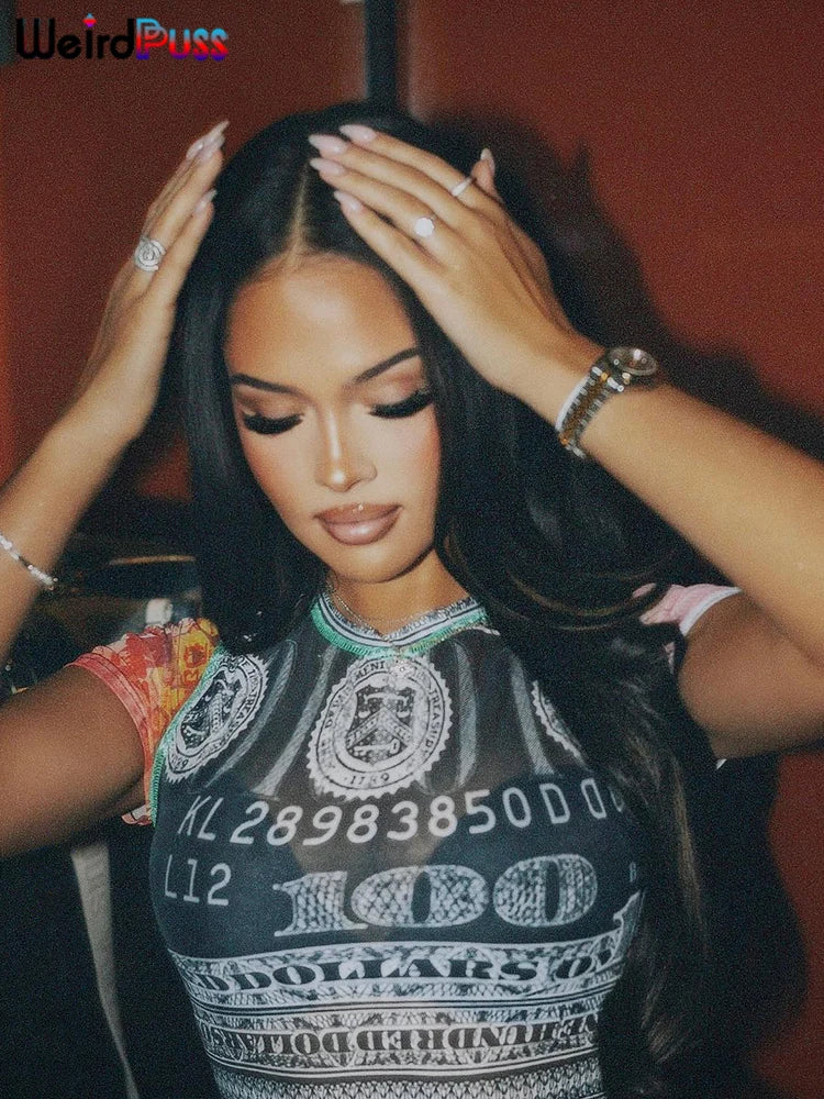 Weird Puss See Through Crop Tops Women Numeral Print Short Sleeve