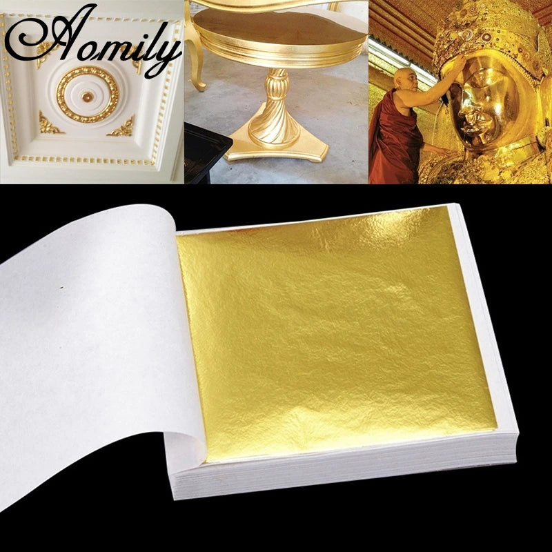 Aomily 9x9cm 100 Sheets Practical K Pure Shiny Gold Leaf for Gilding
