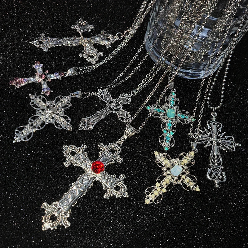 Y2K Punk Crystal Big Cross Pendant Necklaces for Women Men Gothic
