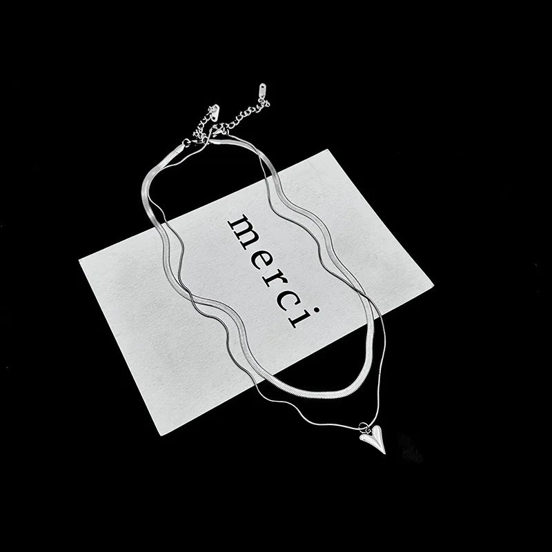 Double Layered Love Heart Pendant Necklace for Women Simple Neck Chain