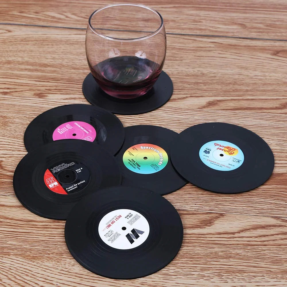 Set of 6 Colorful Retro Vinyl Record Disk Coasters for Drinks Vinyl