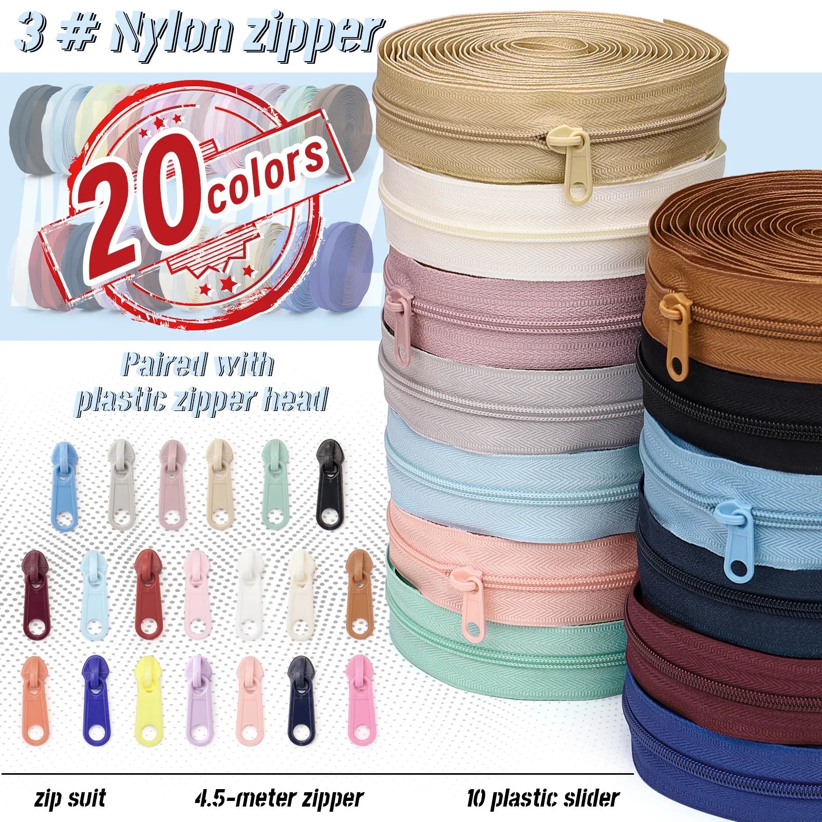 1 group = 4.5m zipper + 10 plastic zipper heads, 20 colors optional,