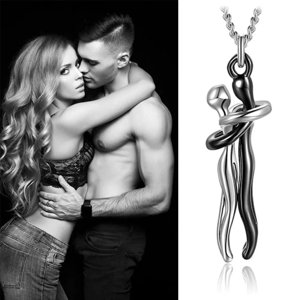 Chic Black Hug Pendant Necklace for Couples - Elegant Love