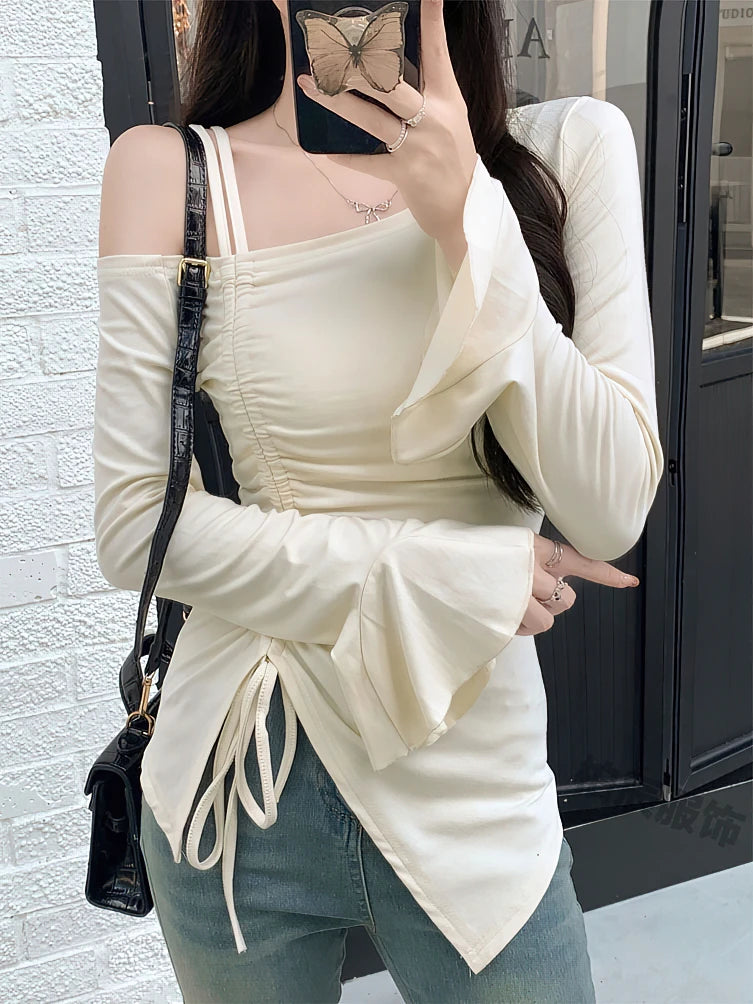 Sweet Sexy Drawstring Ribbon White Off Shoulder Top Women Basic Long