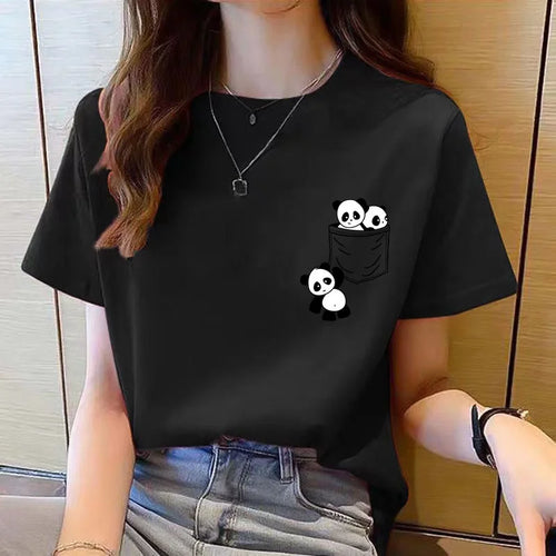 Women Short Sleeve Top Summer New Pocket Panda Cartoon Printed T-shirt