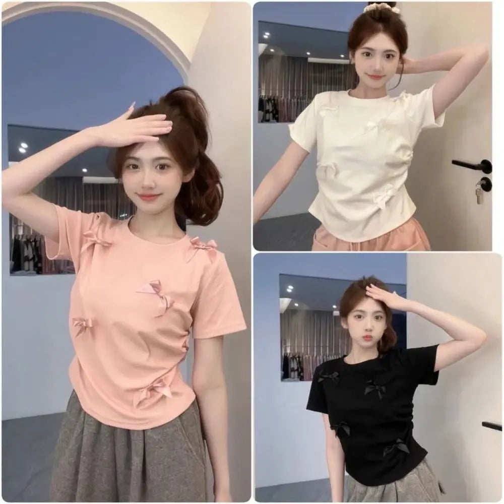Elegant Ballet Bowknot T Shirts Round Collar Japanese Style Women Top