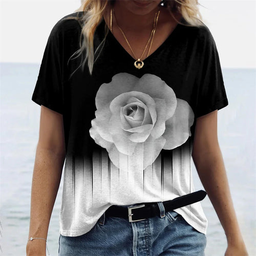 Women's T-shirts Summer Gradient Graphics Tops V Neck Fashion Female