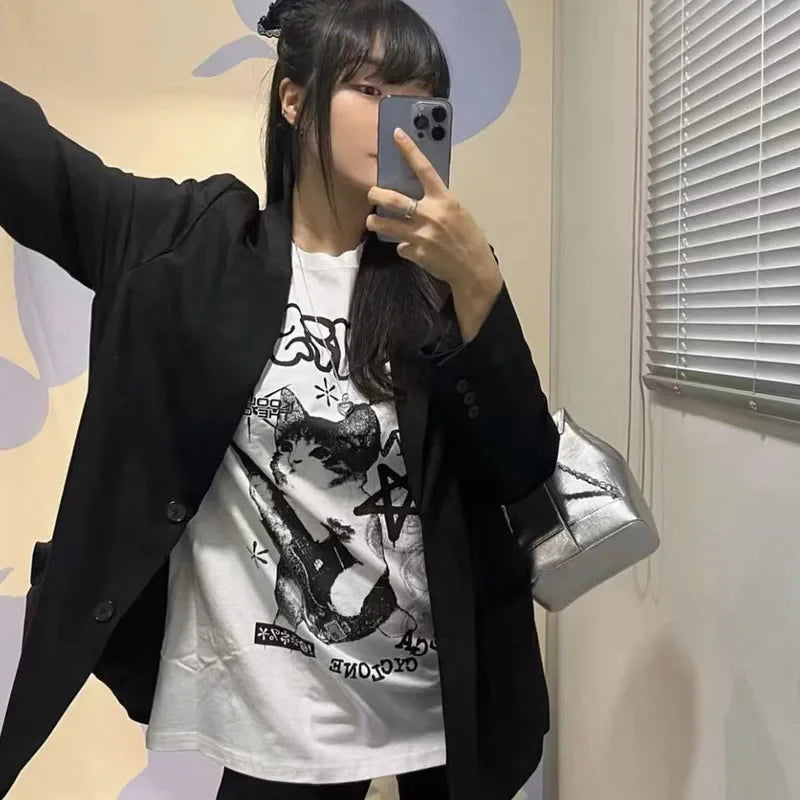 American Cat Rock Guitar Graphic Short Sleeve T-Shirt Loose Korean