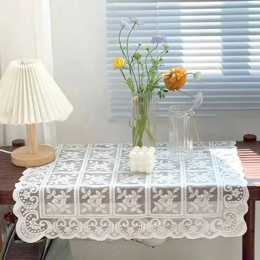 One Antique Embroidered Lace Tablecloth - Solid Color Elegant Flower