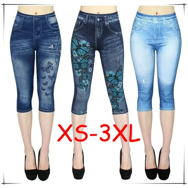 Women Print Imitation Denim Leggings Skinny Stretchy Cropped Pants