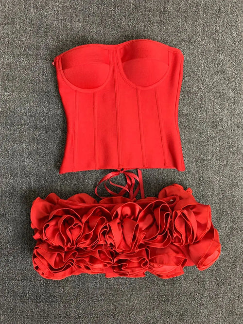 Women Red Bodycon Mini Bandage Outfits Club Party Strapless Laced Up
