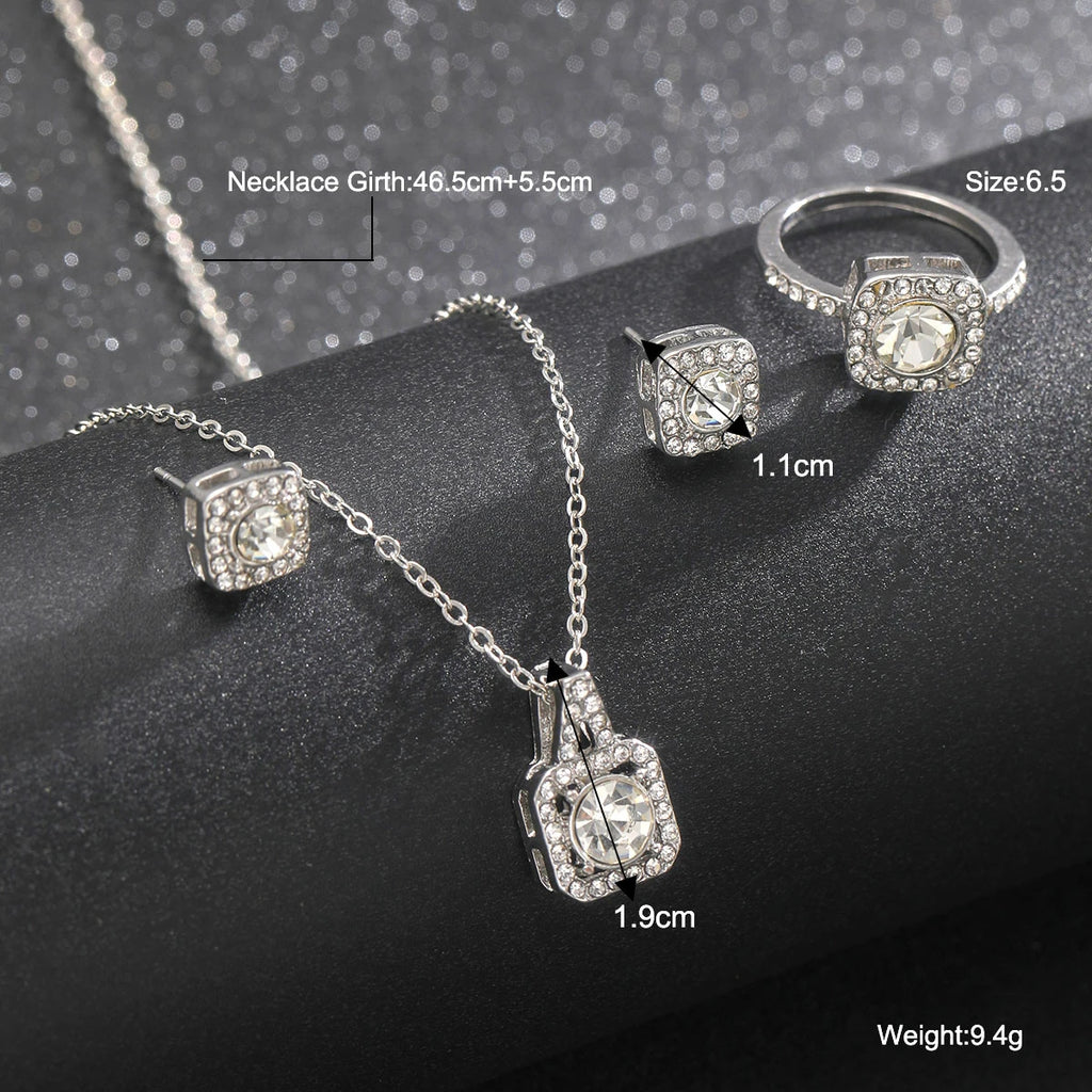 Luxury Square Zircon Crystal Earring Necklace Ring 3 Piece Set for