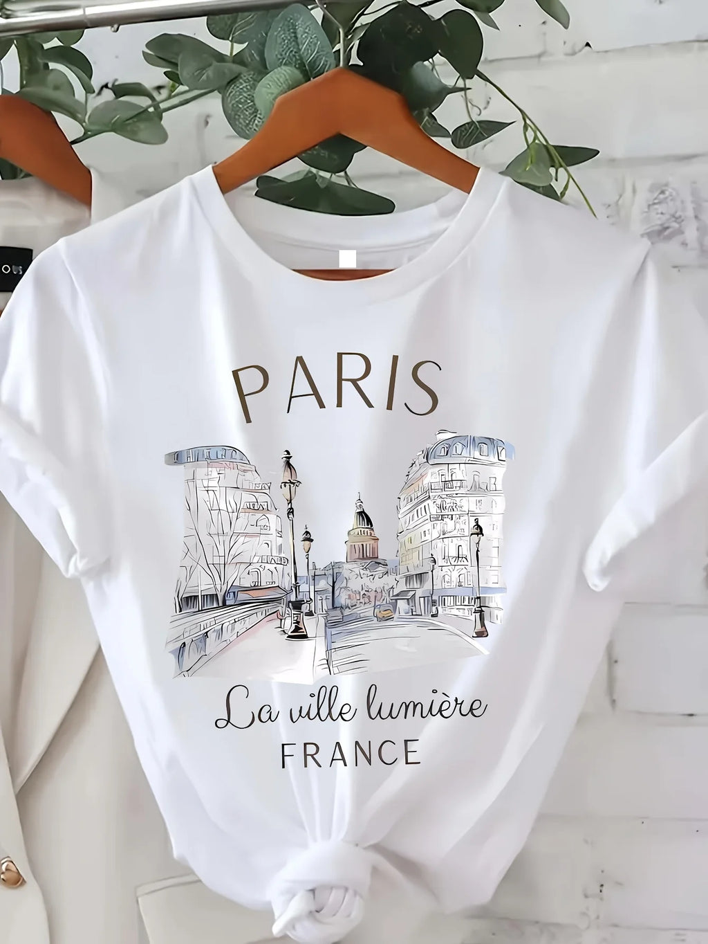 Paris Print T-shirt, Short Sleeve Crew Neck Casual Top for Summer &