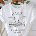Paris Print T-shirt, Short Sleeve Crew Neck Casual Top for Summer &