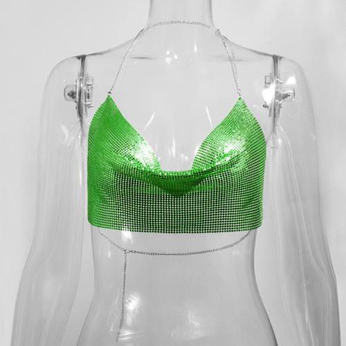Sexy Metal Metallic Crop Top Women Beach Halter Corset Tops Glitter