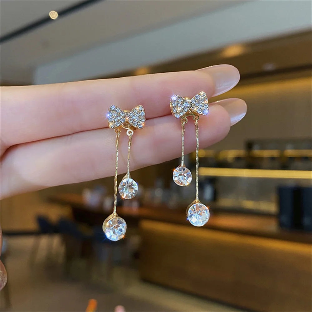 Shiny Crystal Rhinestone Tassel Bowknot Dangle Earrings for Women