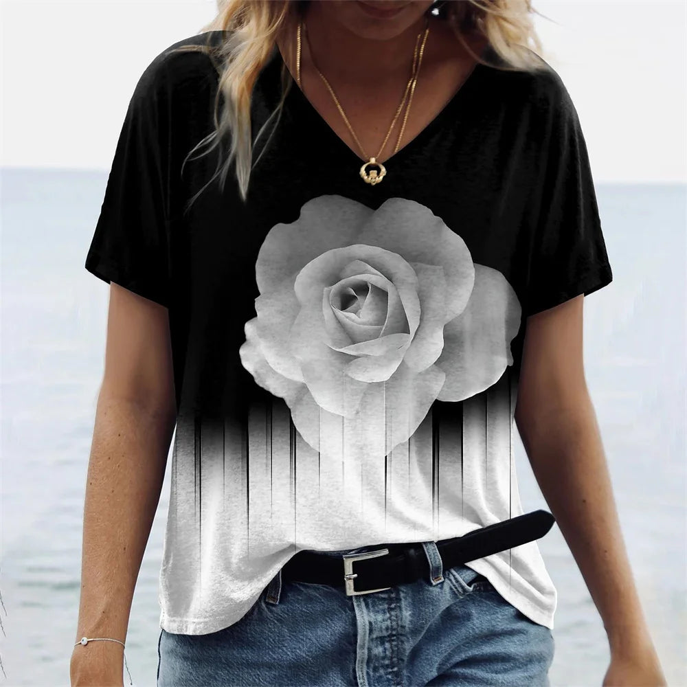 Women's T-shirts Summer Gradient Graphics Tops V Neck Fashion Female