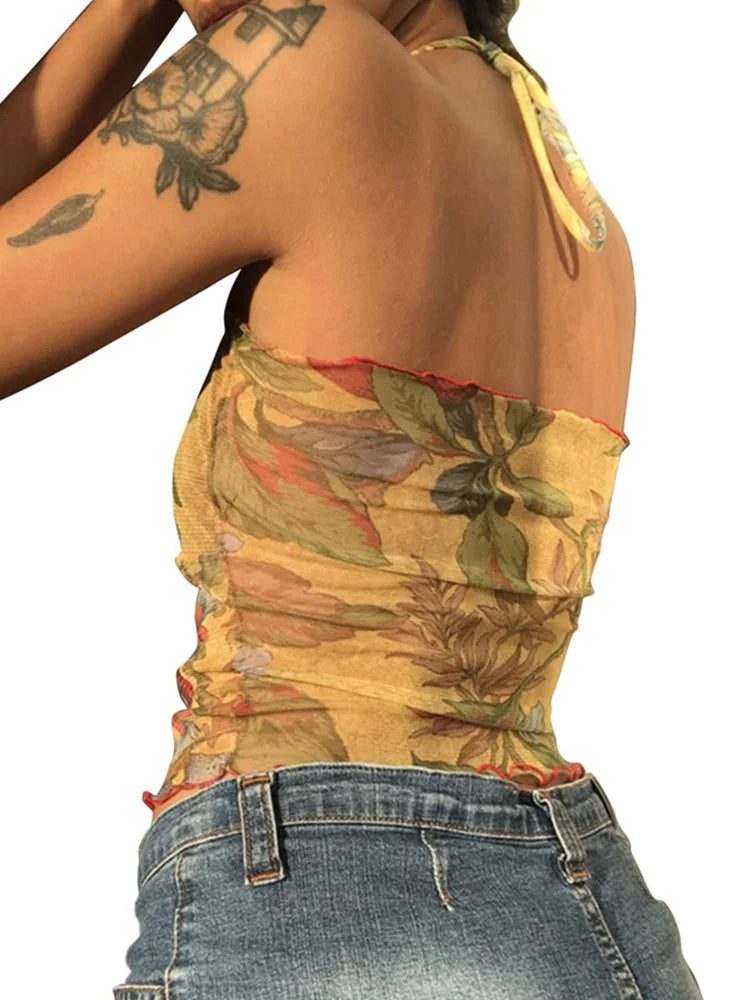 Y2K Mesh Sheer Floral T-shirt Vintage halter Tops Women Sleeveless