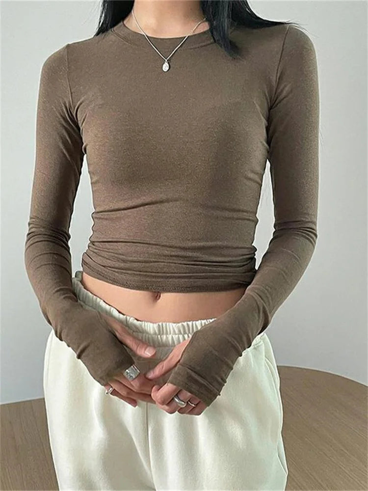 CHRONSTYLE Women Casual Slim Fit Long Sleeve O-Neck T-shirts Tops