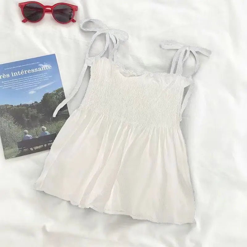 Sexy Tank Top Bow Halter Crop Tops Women Summer Folds Camis Backless