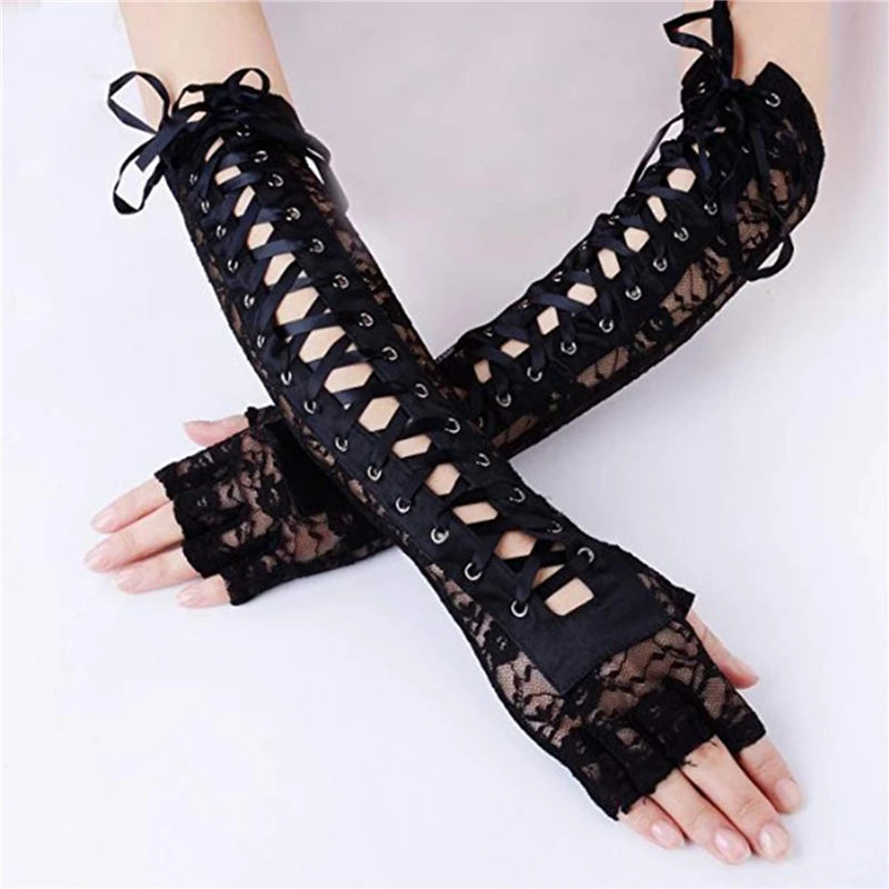 Women Sexy Floral Lace Elbow Length Half-Finger Gloves Black String