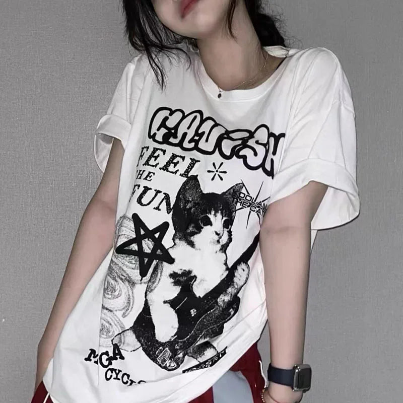 American Cat Rock Guitar Graphic Short Sleeve T-Shirt Loose Korean