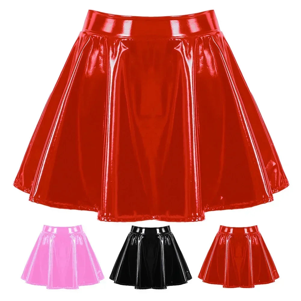Women Glossy Patent Leather Flared Miniskirt Dance A Line Skirt