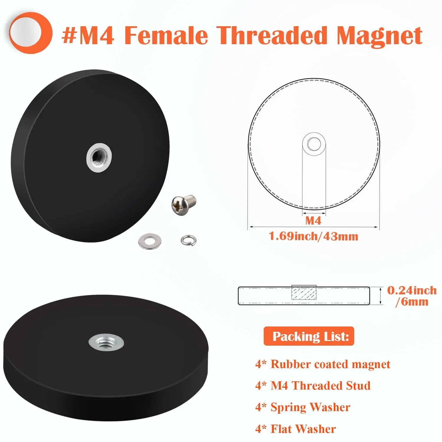 Strong Rubber Coated Magnets, Neodymium Magnets with M4 Female Thread