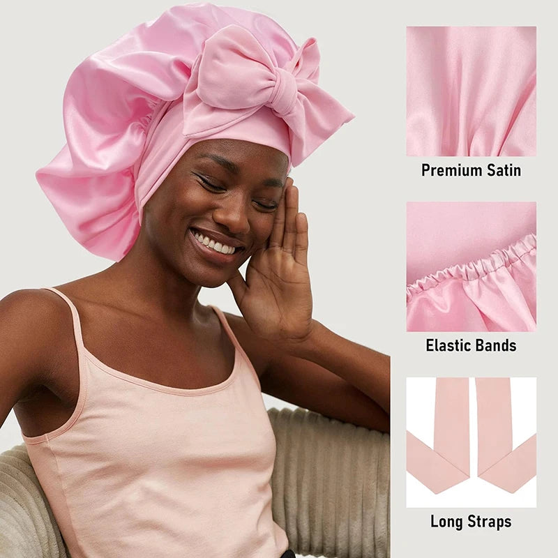 New Satin Solid Sleeping Hat With Stretchy Tie Band Elastic For Women