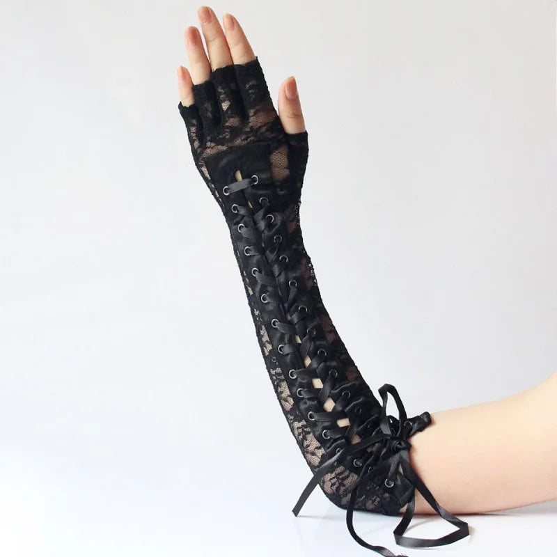 Women Sexy Floral Lace Elbow Length Half-Finger Gloves Black String