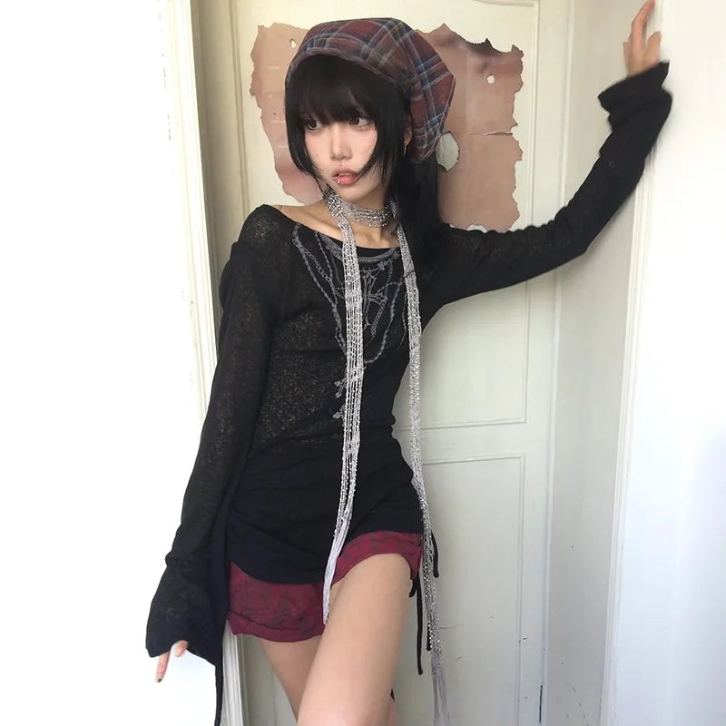 Karrram Japanese Y2k Knitted Tops Grunge Tattoo Print Long Sleeve