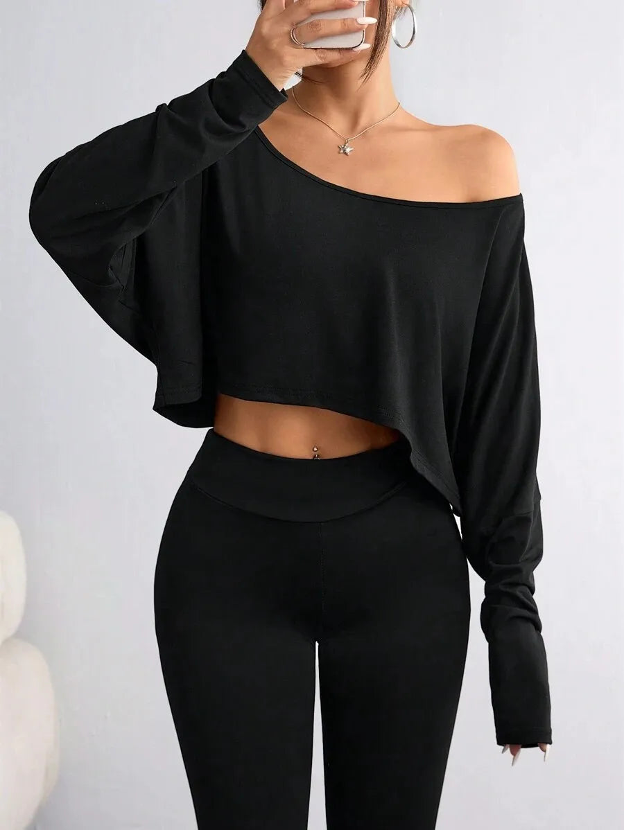 Women'S Black Long Sleeve Blouse T-shirt Casual Asymmetrical Neck