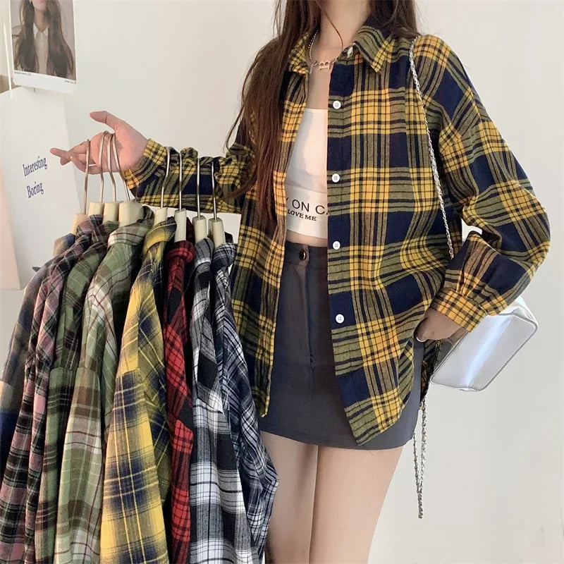 Black Flannel Shirt for Women Long Sleeve Collared Button-Up Tartan