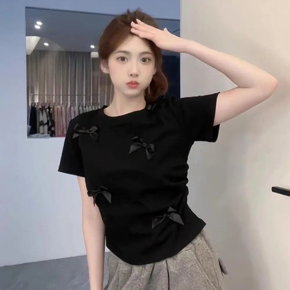 Elegant Ballet Bowknot T Shirts Round Collar Japanese Style Women Top