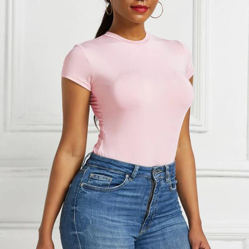 Solid One Piece Bodysuit Short Sleeve O Neck Sexy Open Basic Overalls