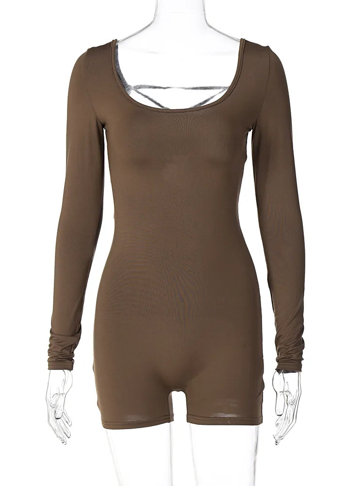 Hugcitar Long Sleeves Backless Solid Lace Up Sexy Slim Skinny Playsuit