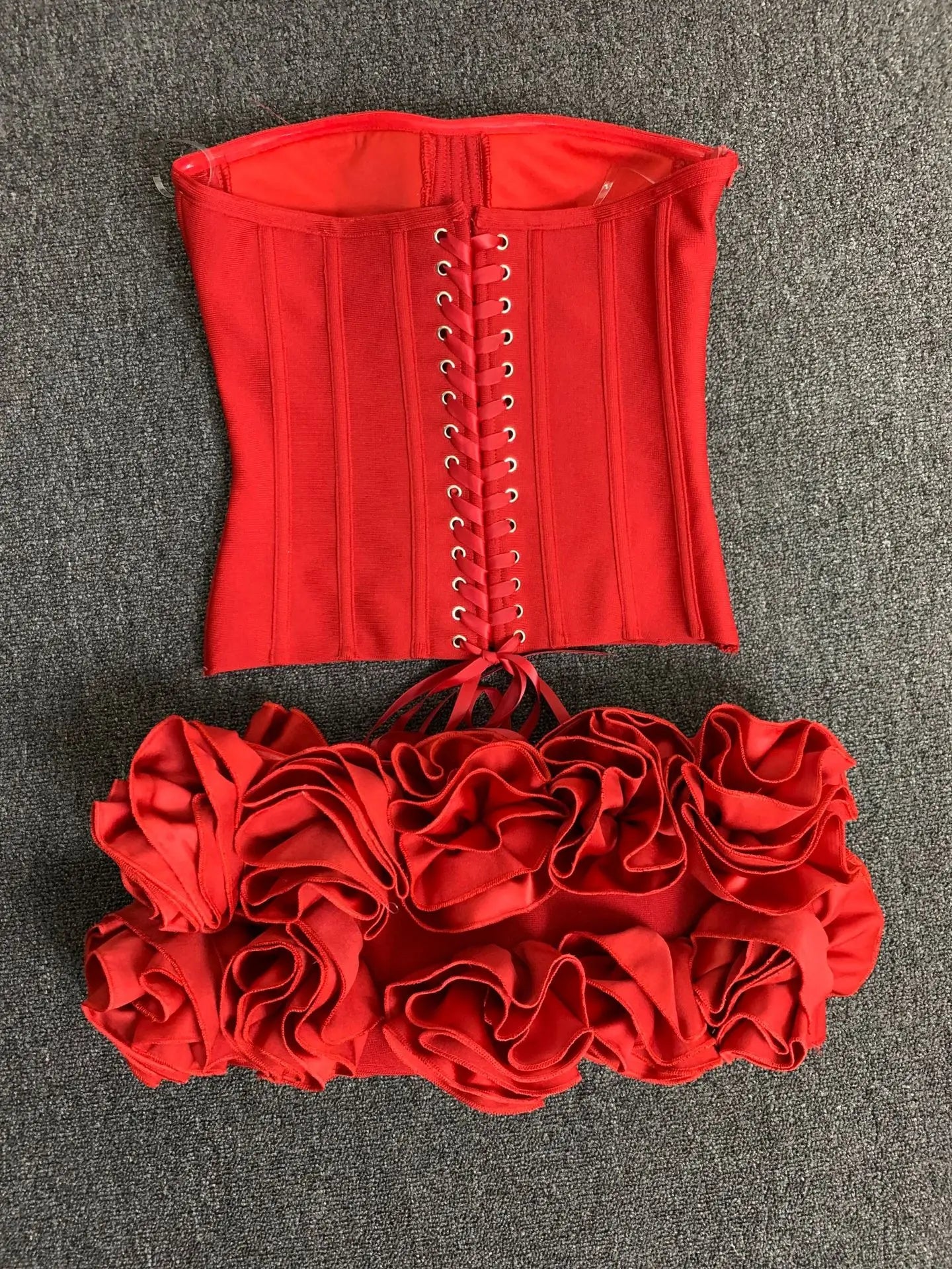 Women Red Bodycon Mini Bandage Outfits Club Party Strapless Laced Up