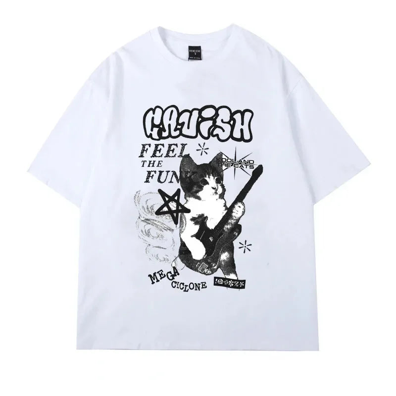 American Cat Rock Guitar Graphic Short Sleeve T-Shirt Loose Korean