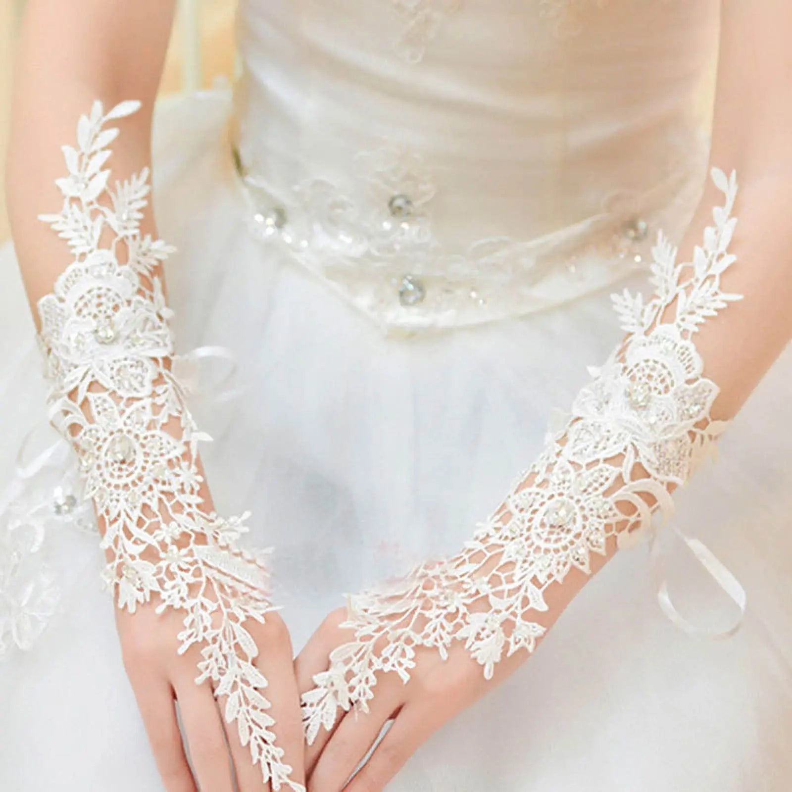 Lace Crystal Women’s Wedding Gloves Fingerless Elbow Bridal Floral
